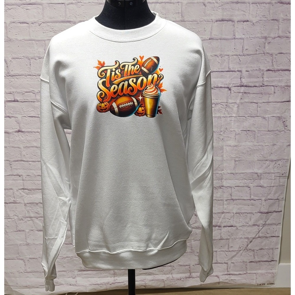 Tis The Season Football Pumpkin Latte White Sweatshirt Size Small